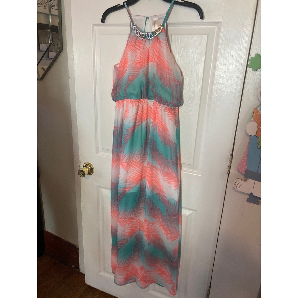 No Boundaries TropicalPalm Print Halter Maxi Dress Coral Teal Silver Chain Small